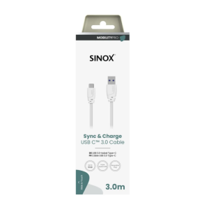Sinox PRO USB C til USB A kabel. 3m. Hvid