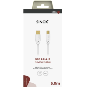 Sinox USB 2.0 printerkabel. 5m. Hvid