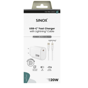 Sinox PRO 230V USB-C PD oplader 20W m/Lightning kabel. Hvid