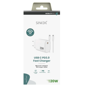 Sinox PRO 230V USB-C PD oplader 20W m/USB-C kabel. Hvid