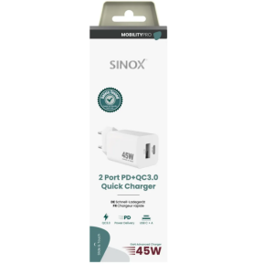 Sinox PRO 230V USB-A+USB-C PD oplader 45W. Hvid